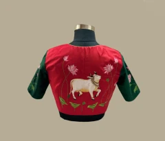 Hand Painted Lotus & Sacred Cow Blouse | Artisan-Crafted Designer Blouse for Sarees